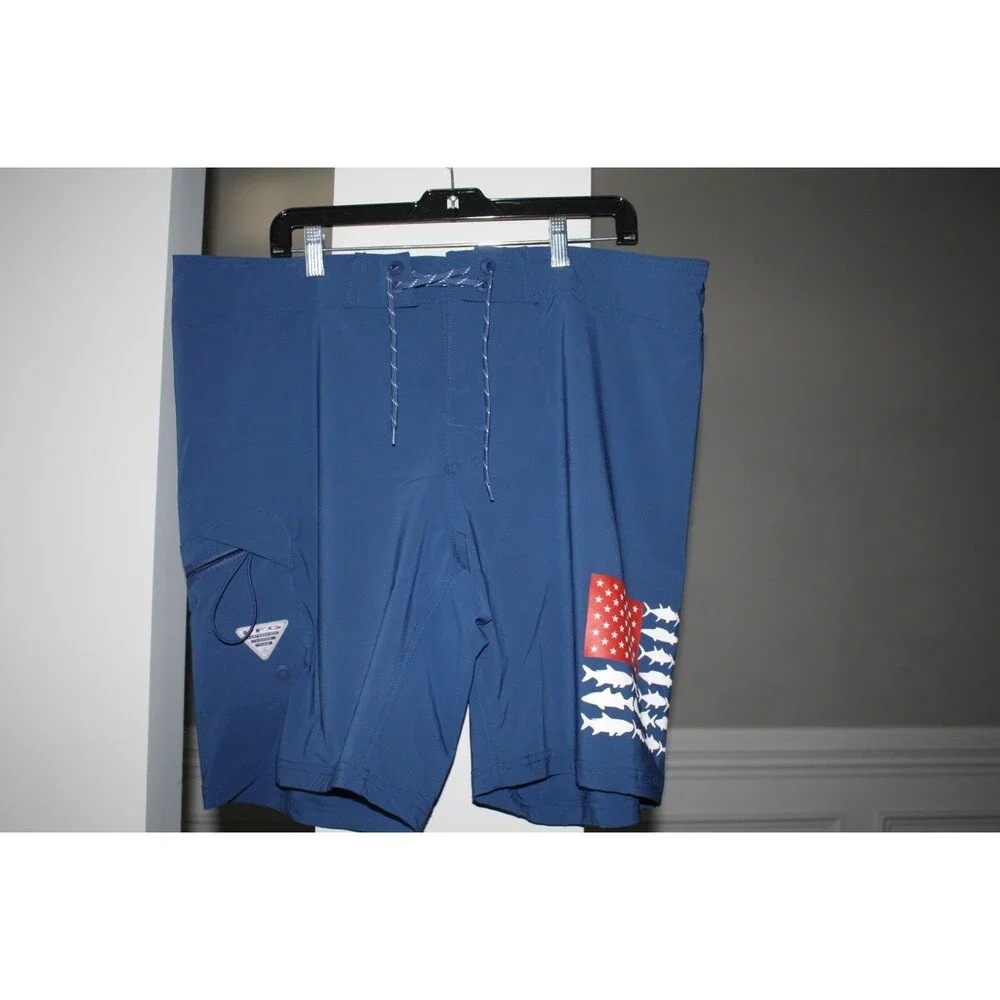 Columbia PFG Fishing Board Shorts Men's 40 Blue Cargo Pockets USA Flag 9